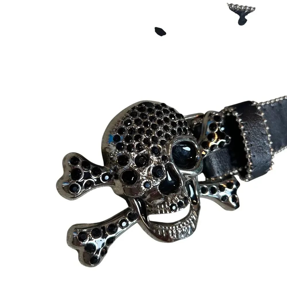 Pirate Belt Silver Rhinestone Skull Black Leather Glam Rock Goth Y2K Punk Grunge